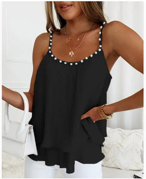 Chic Pearl Pleated Tank Top