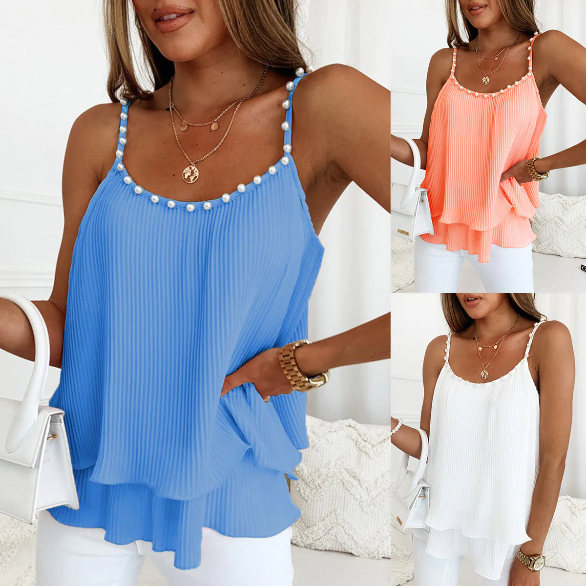 Chic Pearl Pleated Tank Top