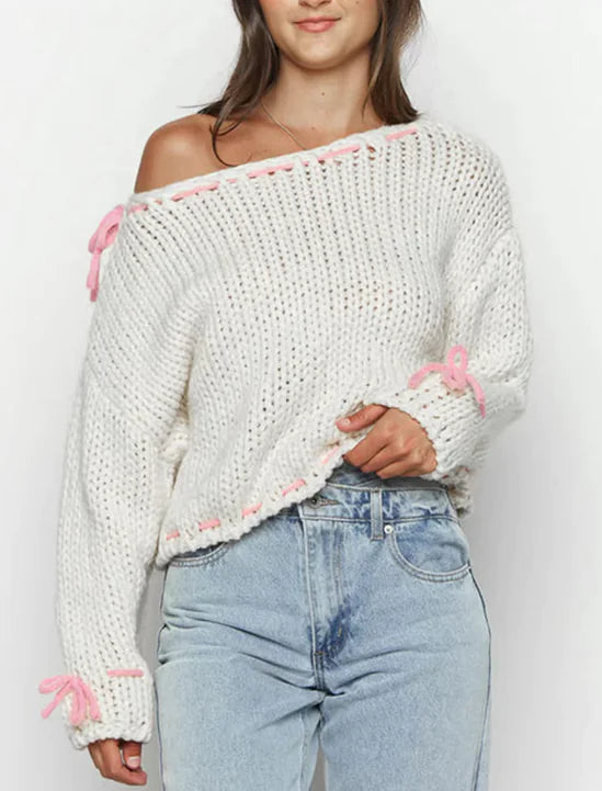 Bowknot Pullover Sweater – Fashion Y2K Long Sleeve Loose Knitted Top