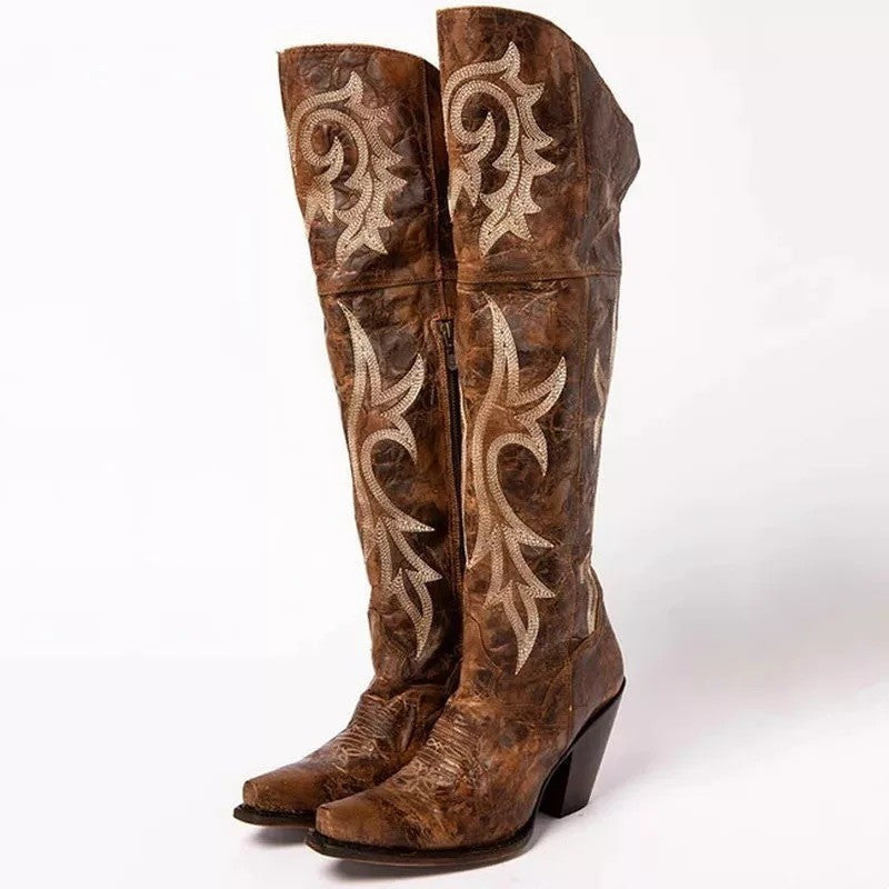 Ladies High Heel Ethnic Embroidered Over Knee Boots