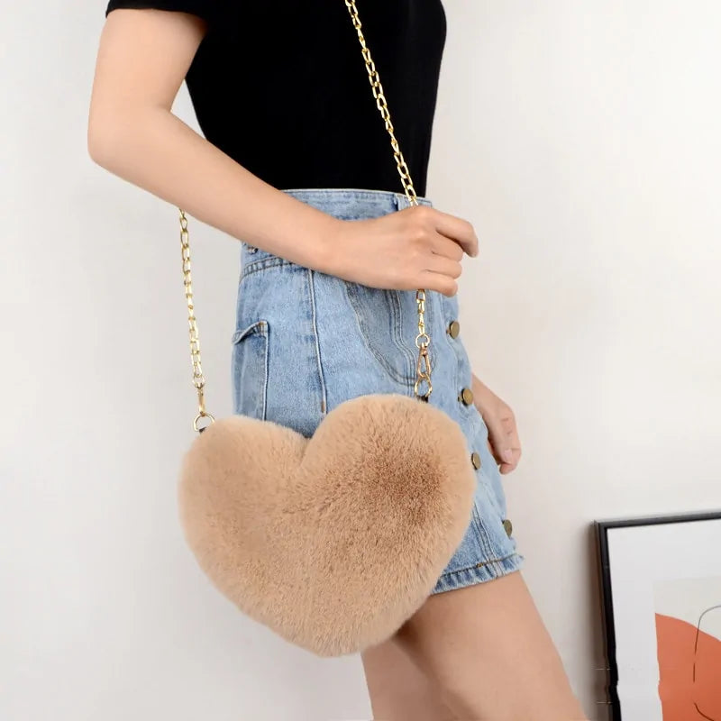 Chic Heart Faux Fur Crossbody Purse