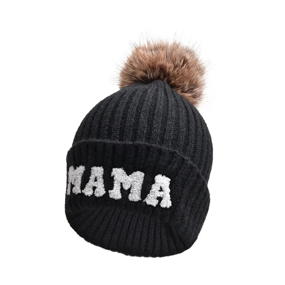 Kunyeah 3Pcs Parent-Child Beanie Hat Mama Papa Baby Matching Hats Winter Warm Cap with Pom-Pom Women Men Knitted Hat