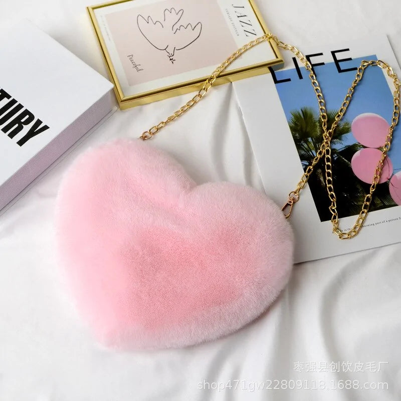 Chic Heart Faux Fur Crossbody Purse