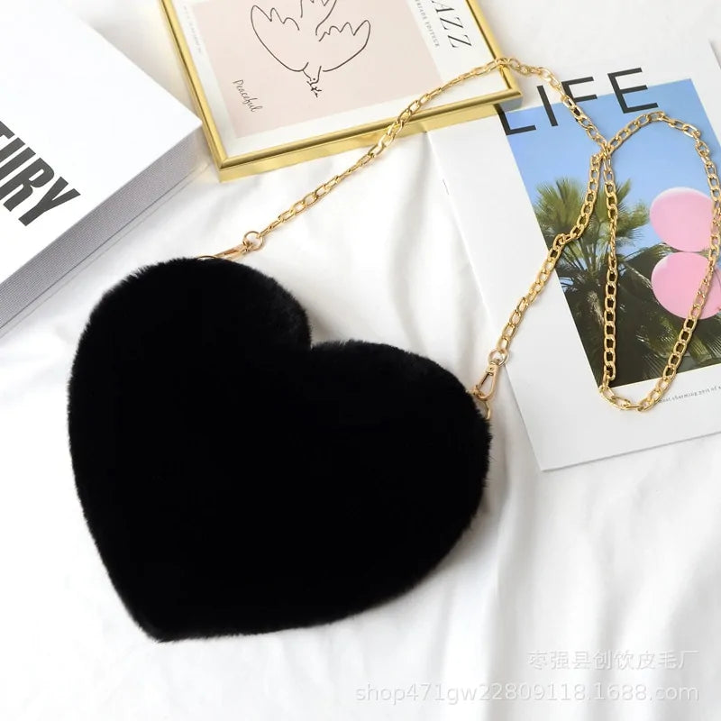 Chic Heart Faux Fur Crossbody Purse