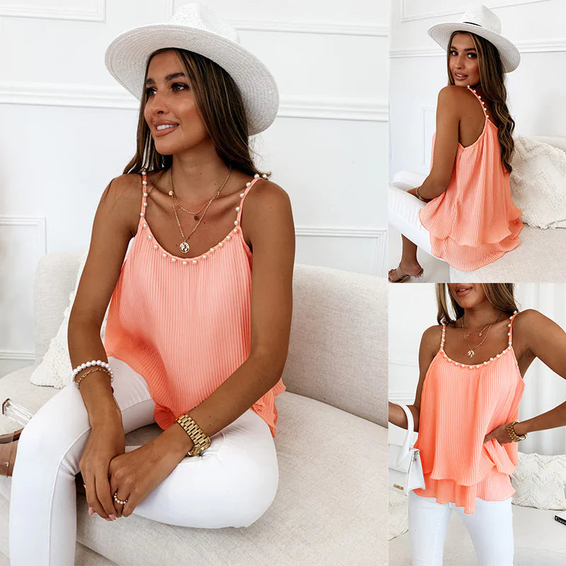 Chic Pearl Pleated Tank Top