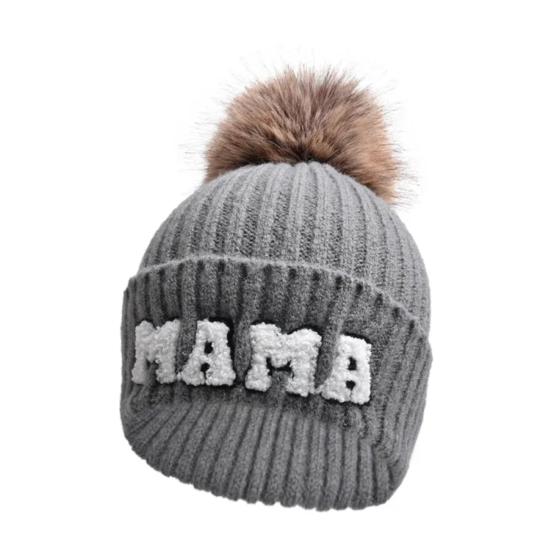 Kunyeah 3Pcs Parent-Child Beanie Hat Mama Papa Baby Matching Hats Winter Warm Cap with Pom-Pom Women Men Knitted Hat