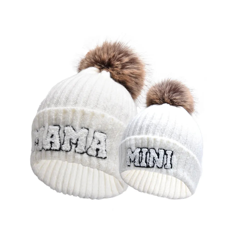 Kunyeah 3Pcs Parent-Child Beanie Hat Mama Papa Baby Matching Hats Winter Warm Cap with Pom-Pom Women Men Knitted Hat