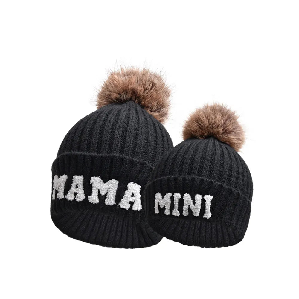 Kunyeah 3Pcs Parent-Child Beanie Hat Mama Papa Baby Matching Hats Winter Warm Cap with Pom-Pom Women Men Knitted Hat