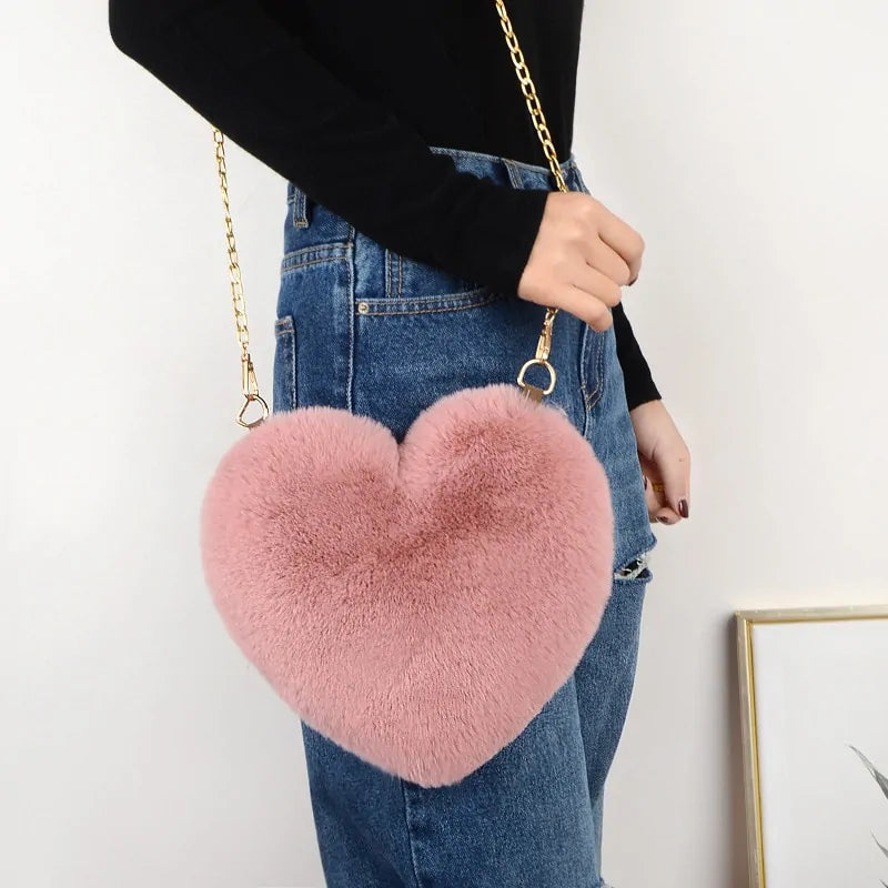 Chic Heart Faux Fur Crossbody Purse