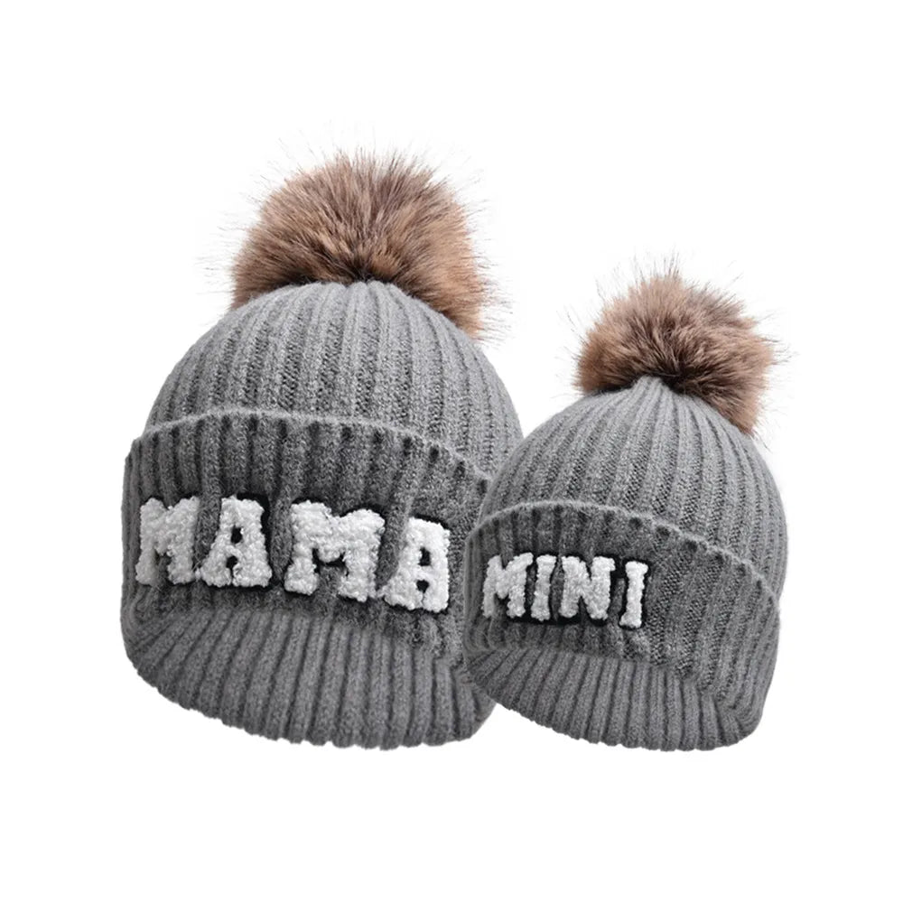 Kunyeah 3Pcs Parent-Child Beanie Hat Mama Papa Baby Matching Hats Winter Warm Cap with Pom-Pom Women Men Knitted Hat