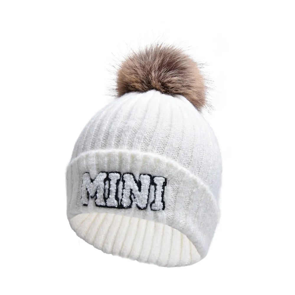 Kunyeah 3Pcs Parent-Child Beanie Hat Mama Papa Baby Matching Hats Winter Warm Cap with Pom-Pom Women Men Knitted Hat